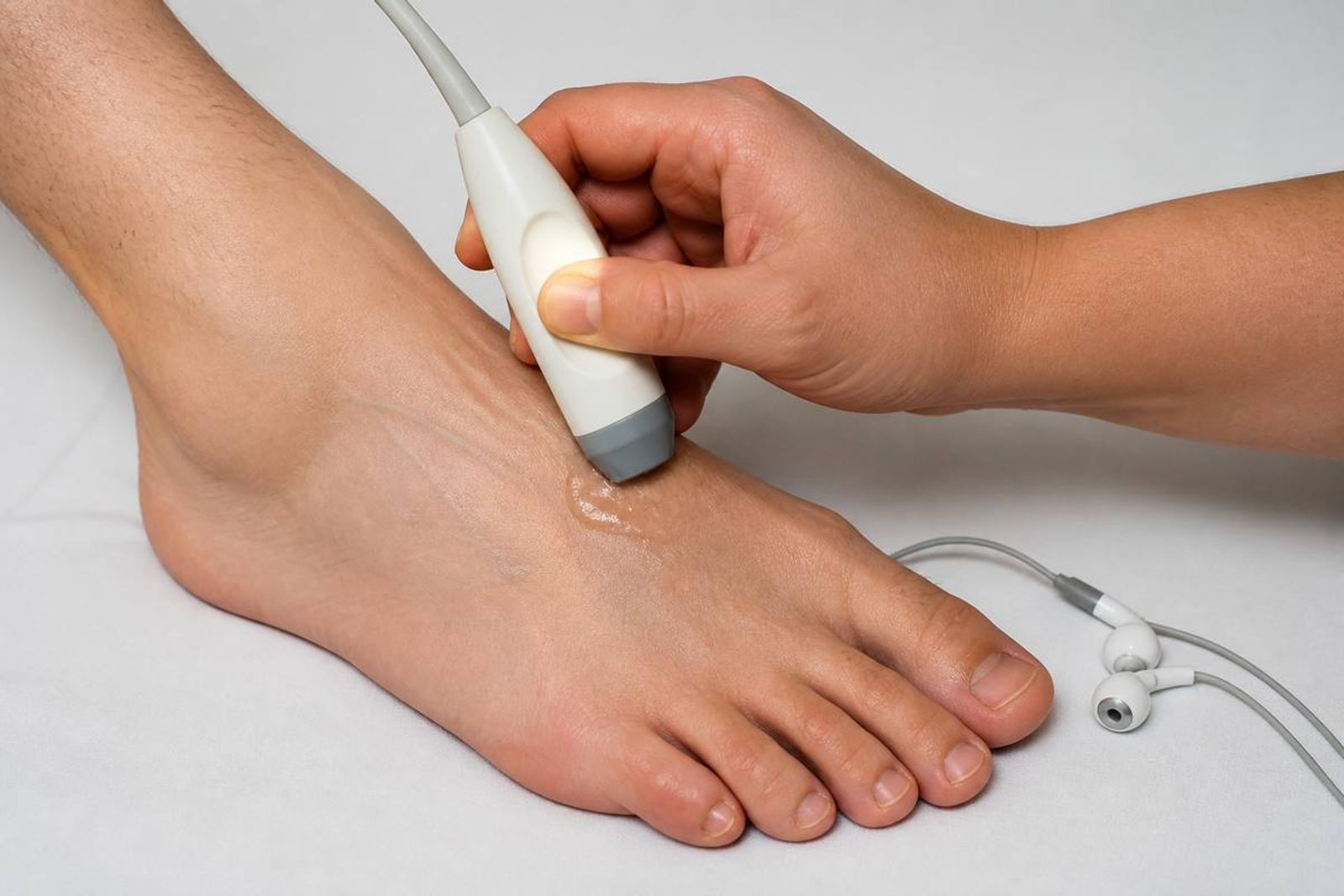 Handheld Doppler probe with gel on the top of a foot over the dorsalis pedis area, earbuds nearby.