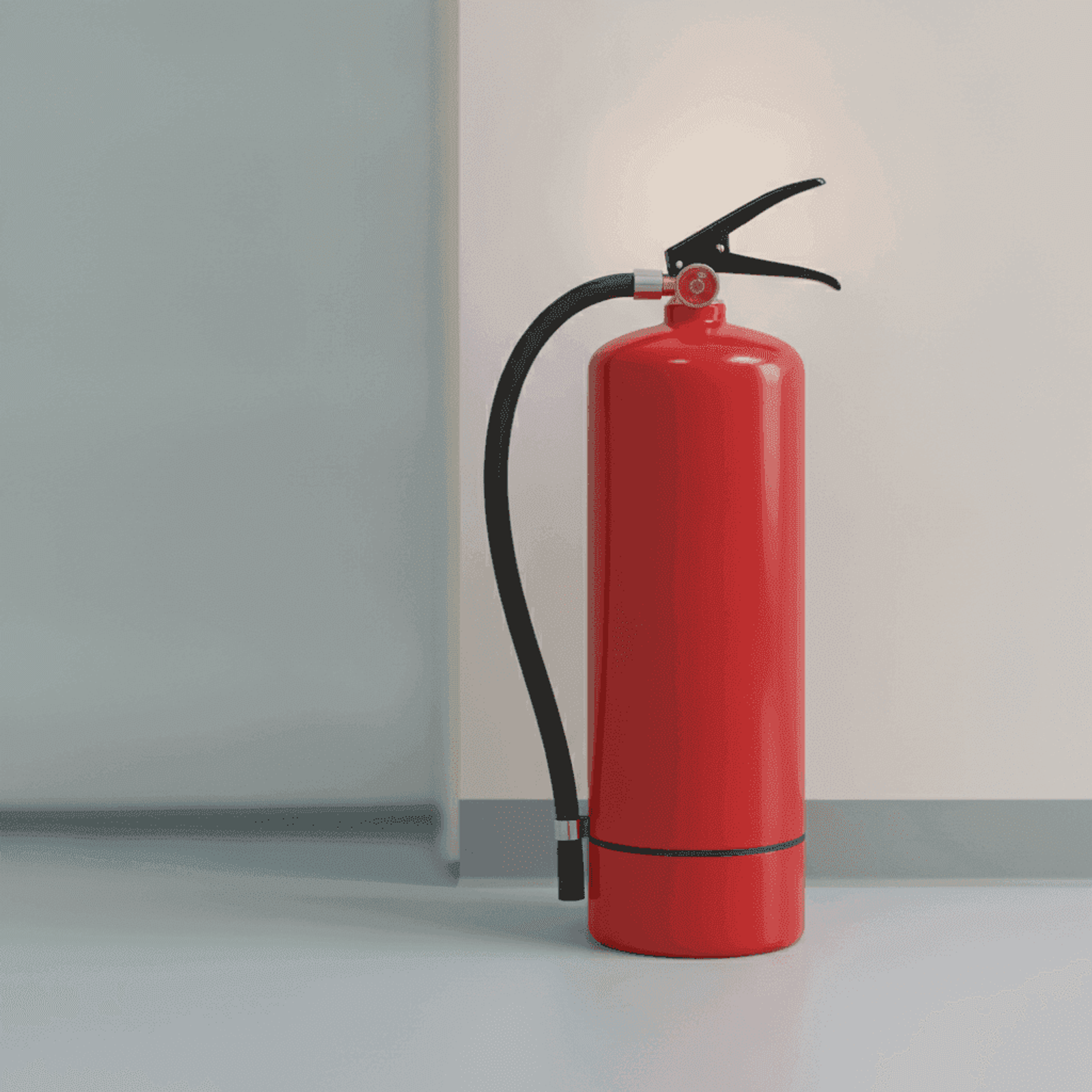 Red portable fire extinguisher standing upright against a plain wall.