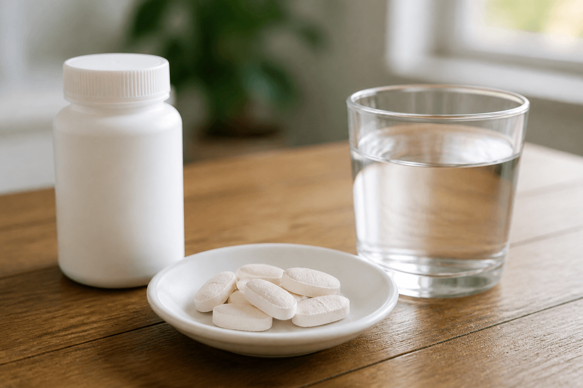 Unmarked pill bottle, plain chewable tablets in a dish, and a glass of water.