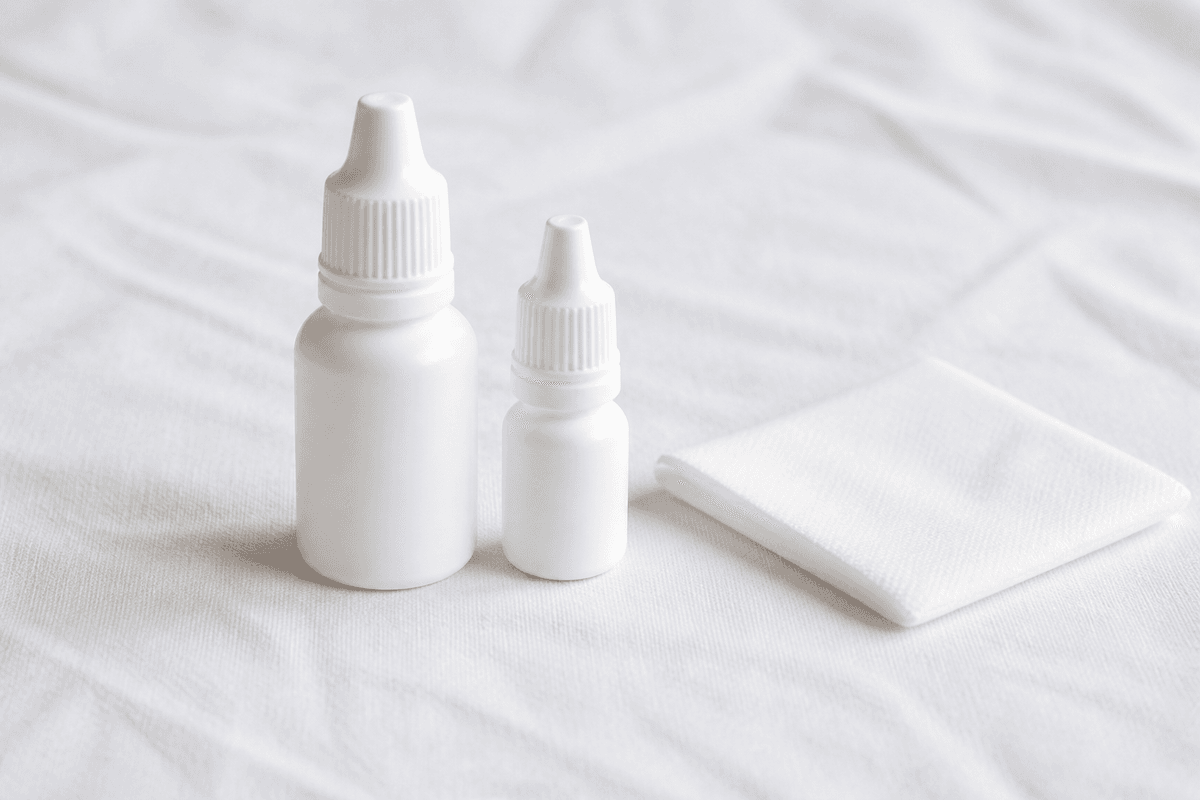 Blank ophthalmic drop bottles and a clean tissue on white linen.
