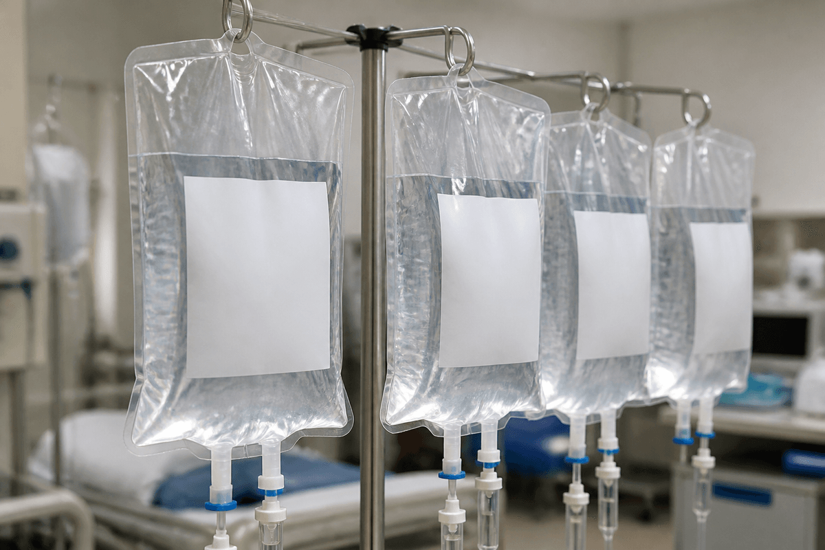 IV fluid bags hanging on a pole with tubing for volume resuscitation.