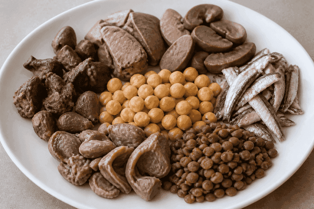 Plate with meats and legumes representing higher-purine foods often limited in gout teaching.