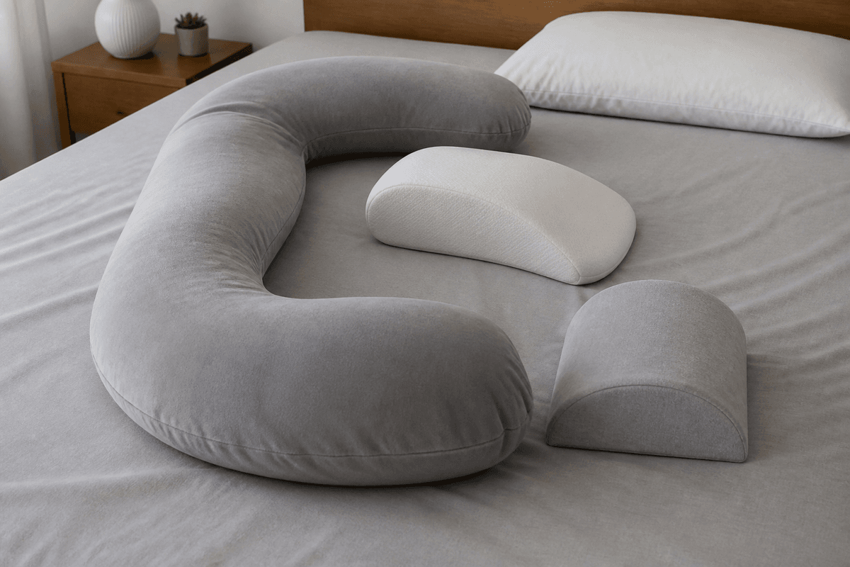 Pillows arranged to support left-lateral positioning on a bed.