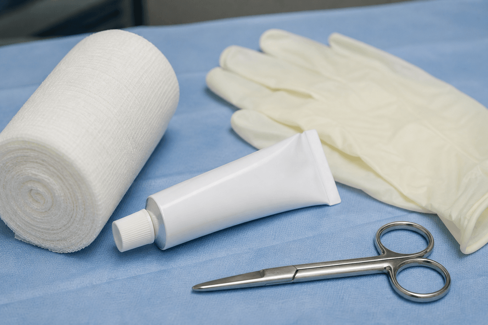 Gauze roll, blank ointment tube, sterile gloves, and scissors on a sterile field.