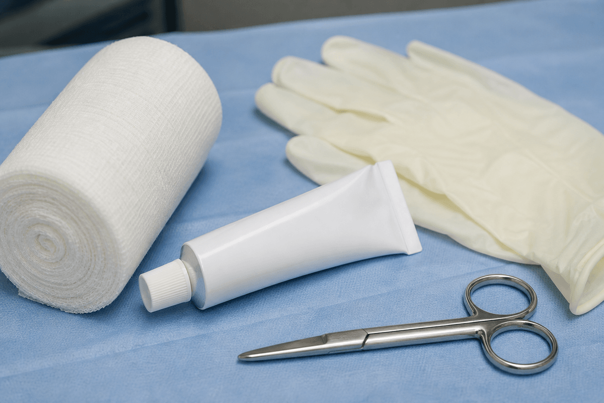 Gauze roll, blank ointment tube, sterile gloves, and scissors on a sterile field.