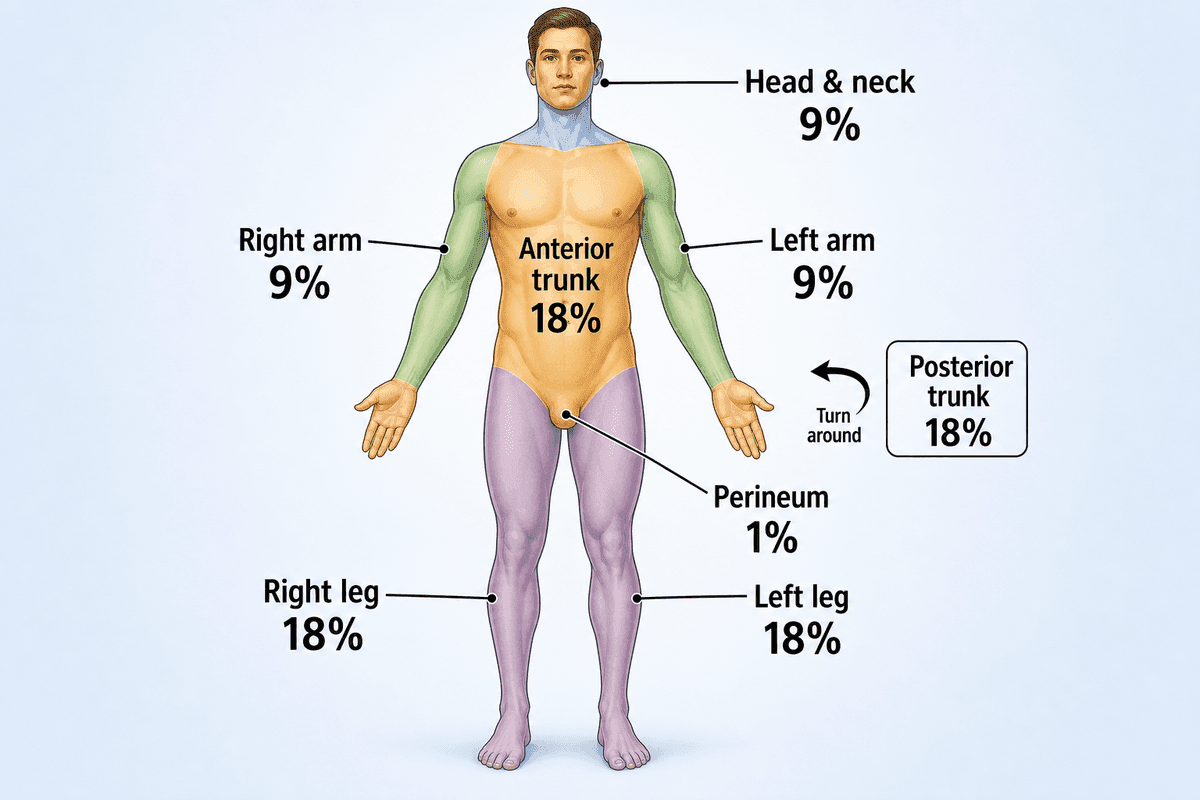 Anterior adult body diagram labeled with Rule of Nines percentages for head, arms, trunk, legs, and perineum.