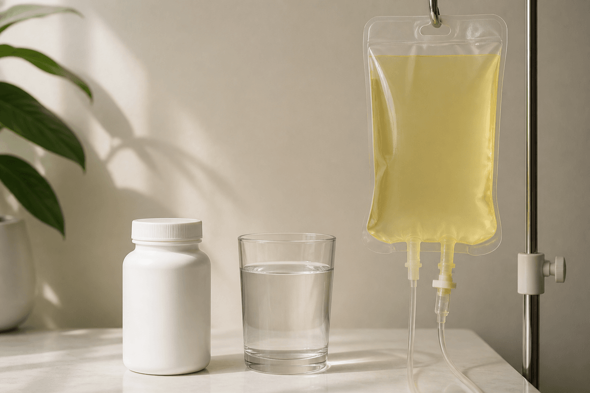 Blank vitamin bottle, plain yellow-tinted IV bag, and a glass of water.