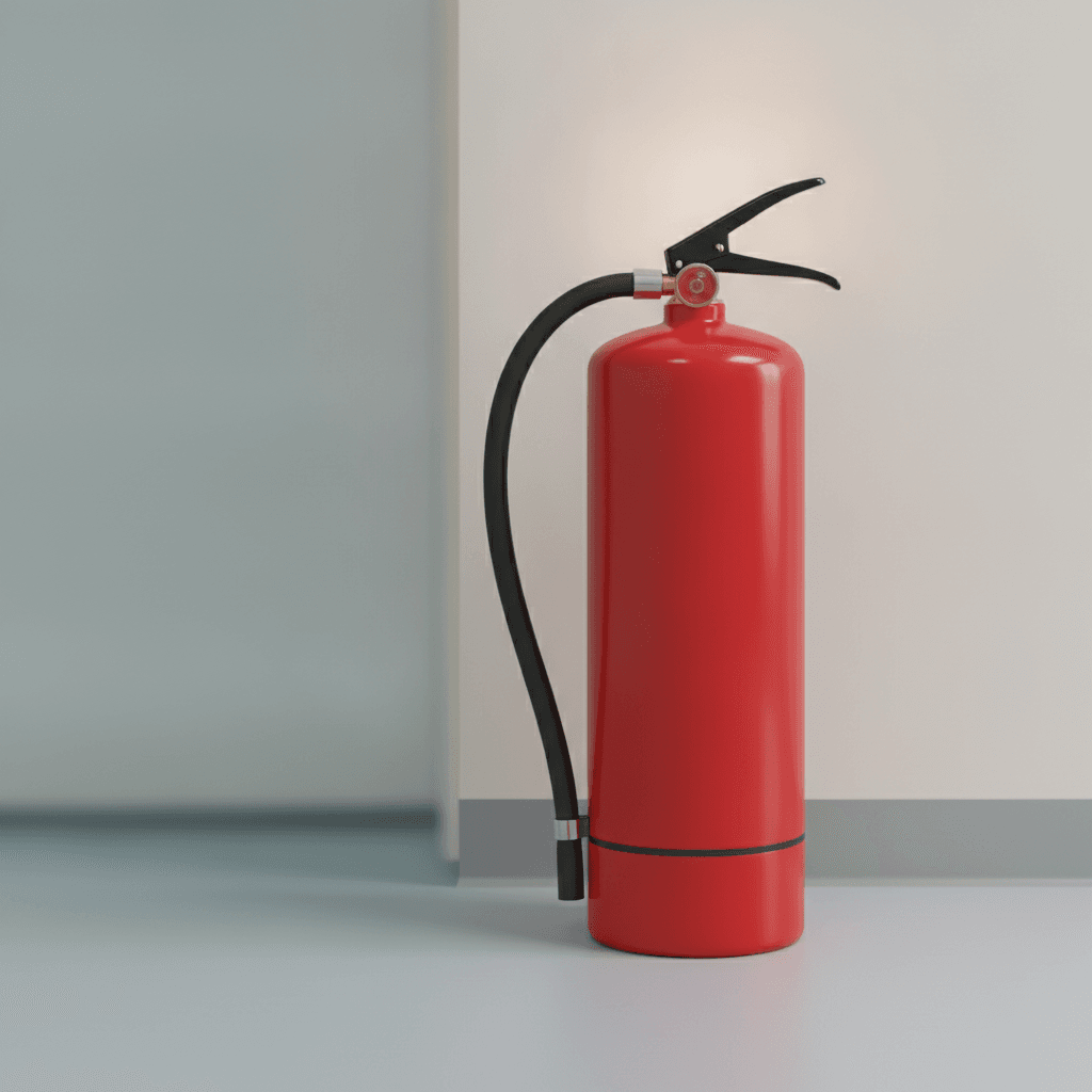 Red portable fire extinguisher standing upright against a plain wall.