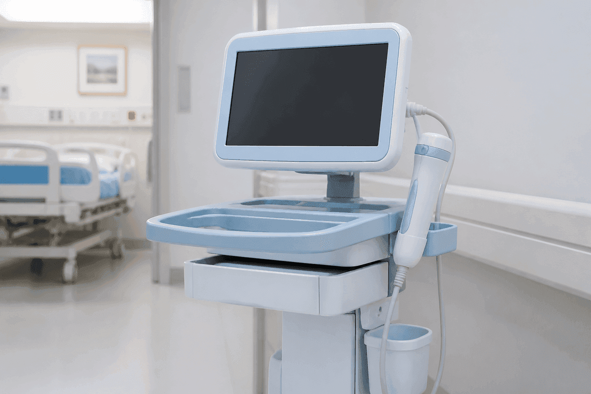 Bladder scanner on a cart with blank screen.