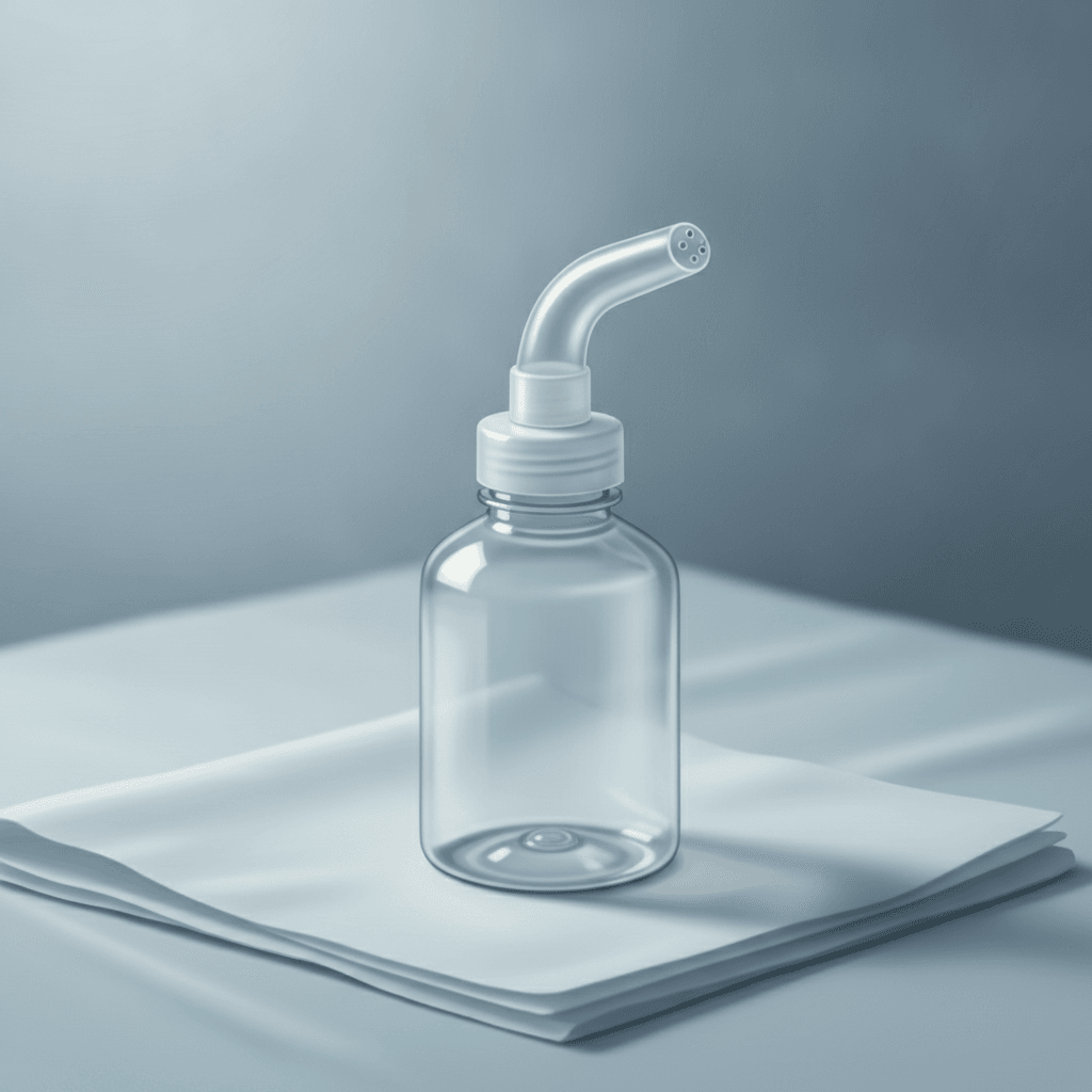 Clear plastic peri bottle for postpartum perineal cleansing on white linen.