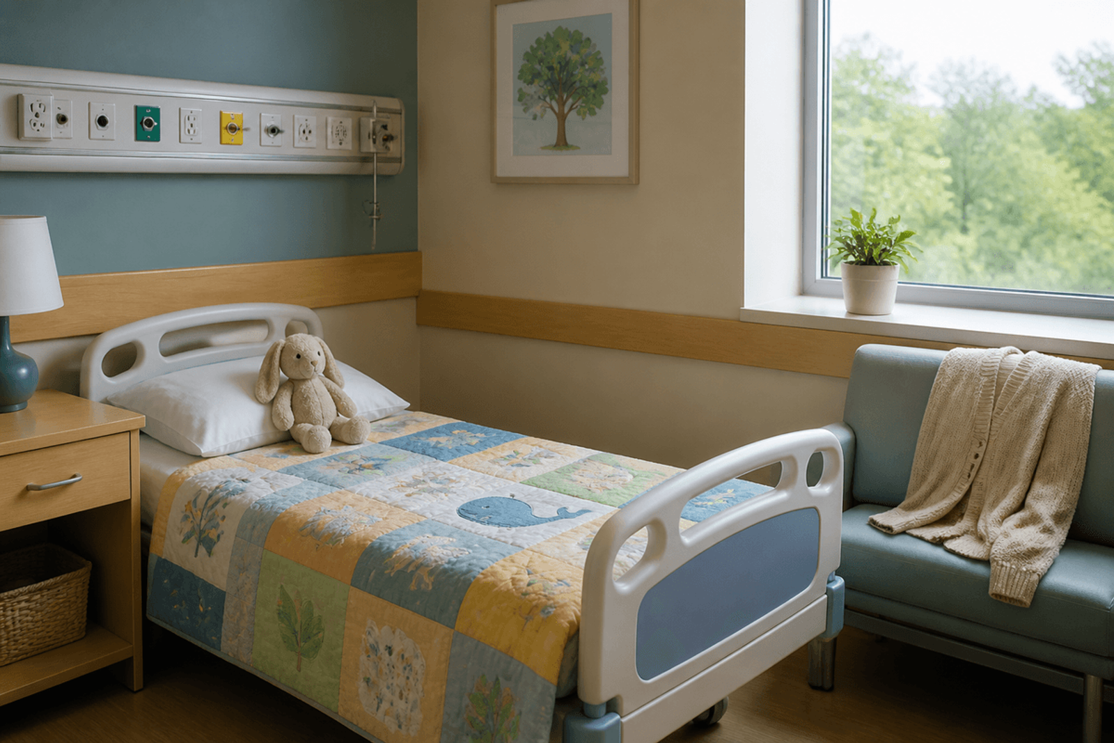 Toddler hospital bed with a stuffed animal and an adult cardigan on the bedside chair.