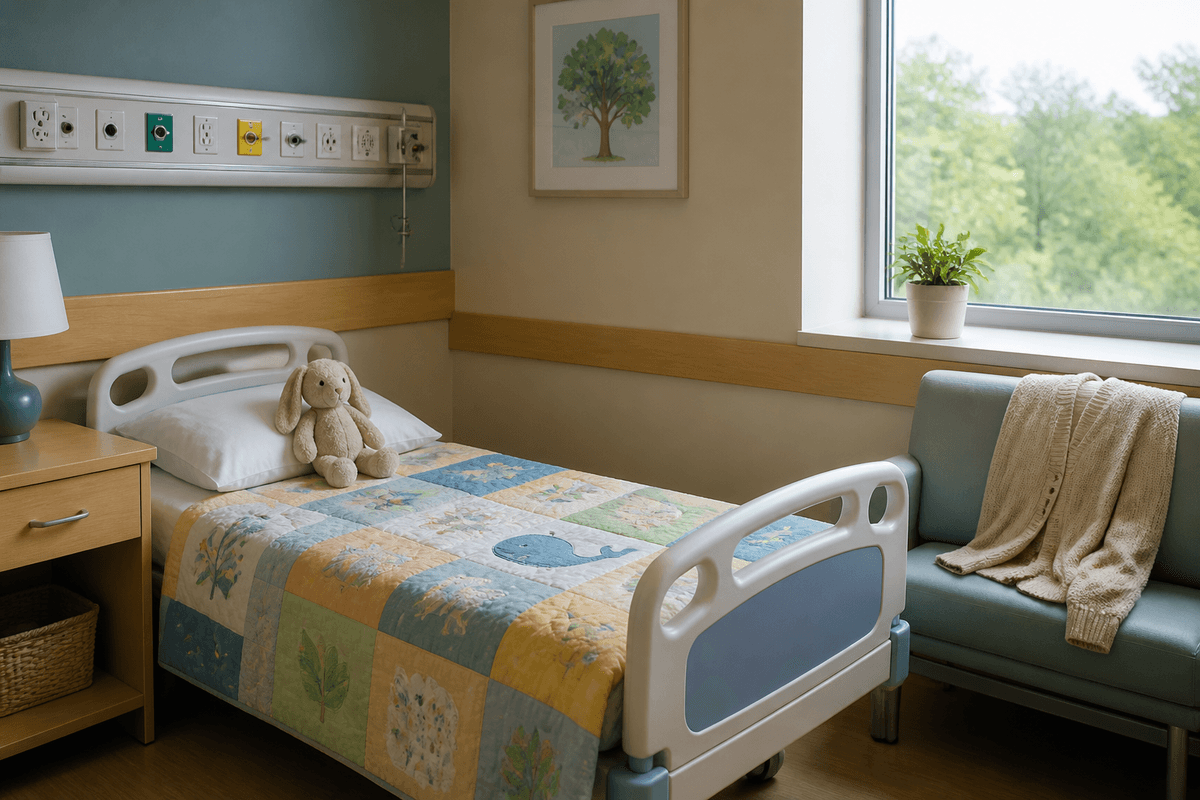 Toddler hospital bed with a stuffed animal and an adult cardigan on the bedside chair.