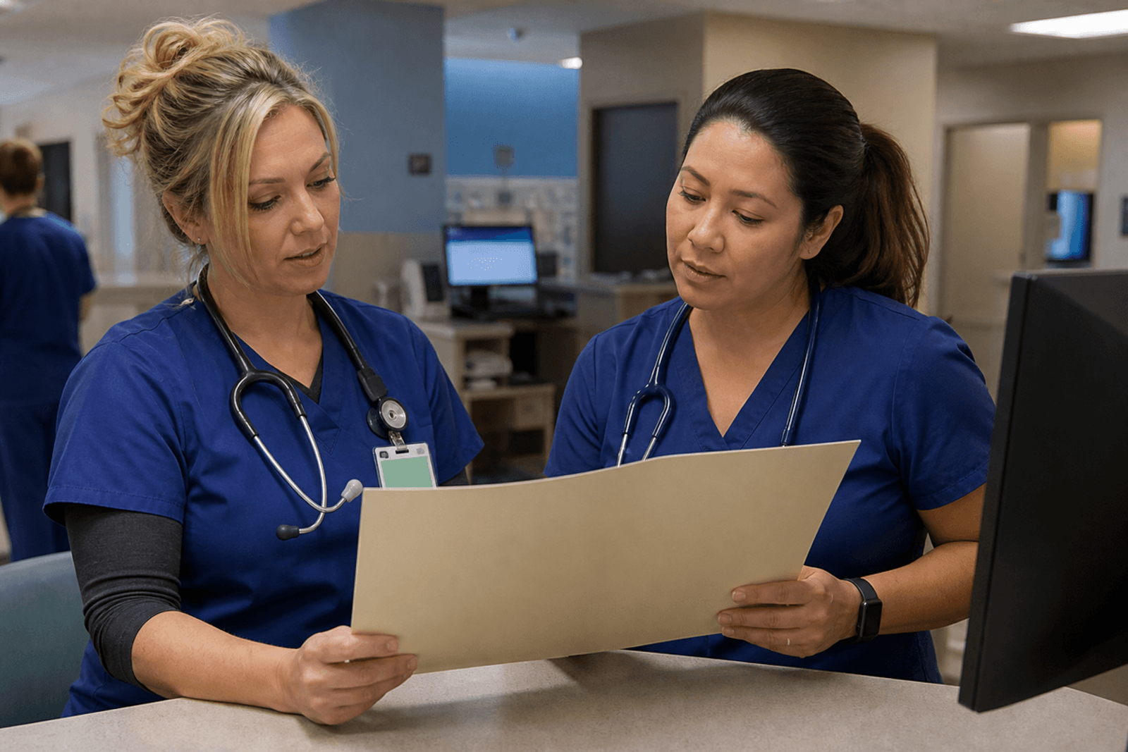 Two nurses reviewing a folder together at a nursing station during handoff.