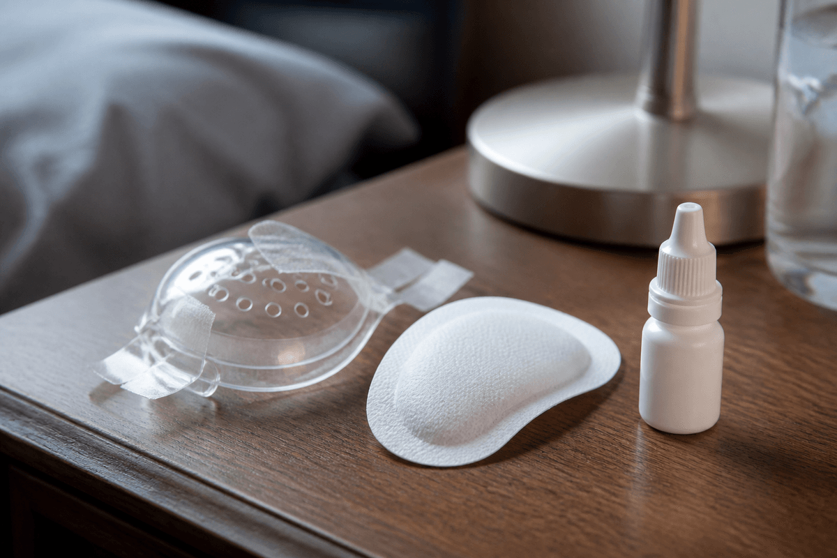 Eye shield, soft patch, and unmarked lubricating drop bottle on a bedside table.