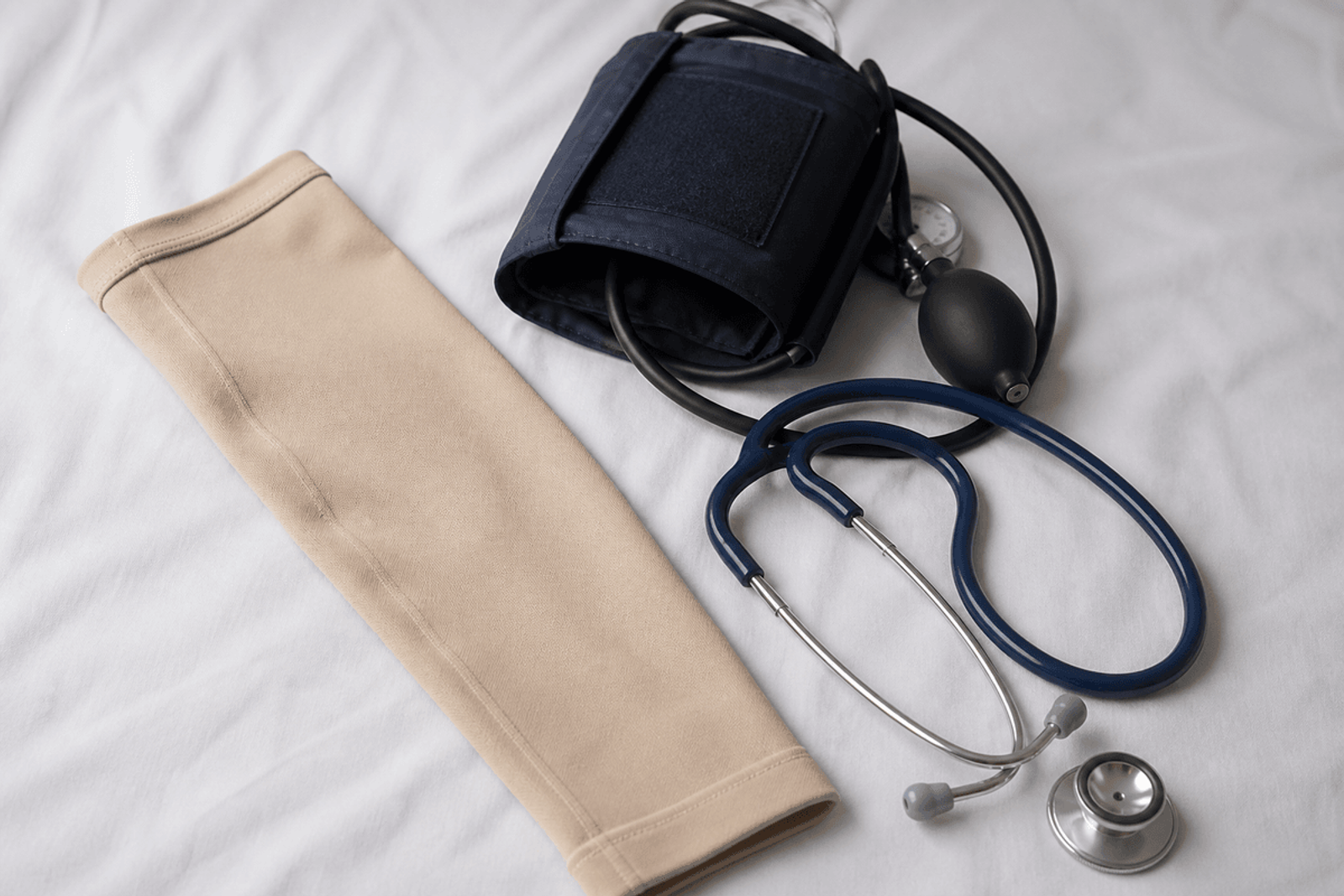 Limb protector sleeve, blood pressure cuff set aside, and stethoscope on clean linen.
