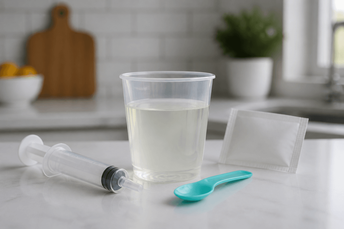 Cup of oral rehydration solution, oral syringe, and spoon on a kitchen counter.