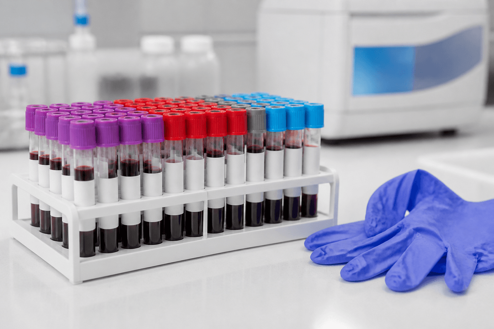 Color-capped blood specimen tubes in a rack beside gloves.