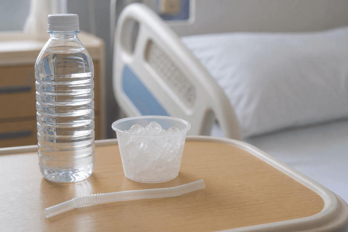 Water bottle, ice chips, and soft straw on a hospital overbed table.