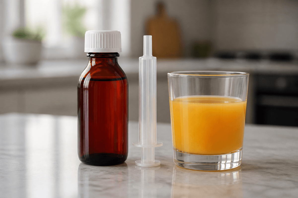 Blank liquid-iron bottle, oral syringe, and small glass of juice on a counter.