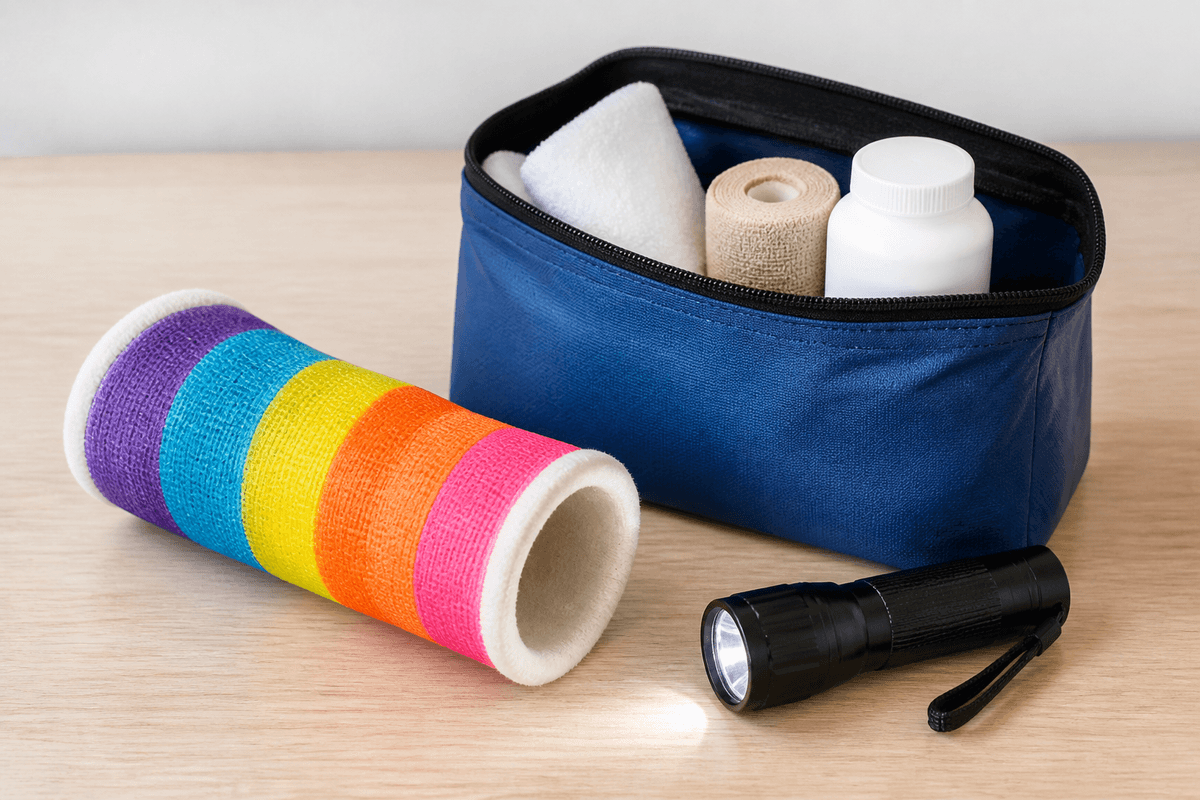 Colorful cast shell, care supplies, and a small flashlight on a table.