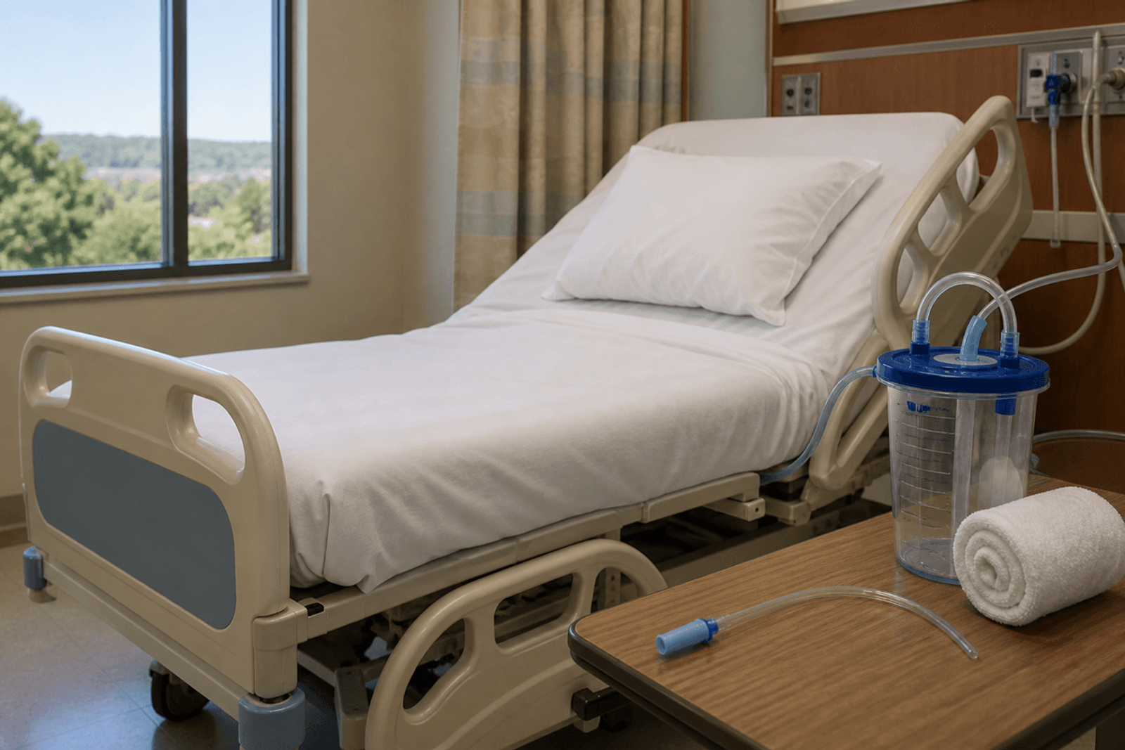 Hospital bed with head elevated and suction equipment staged on the bedside table.