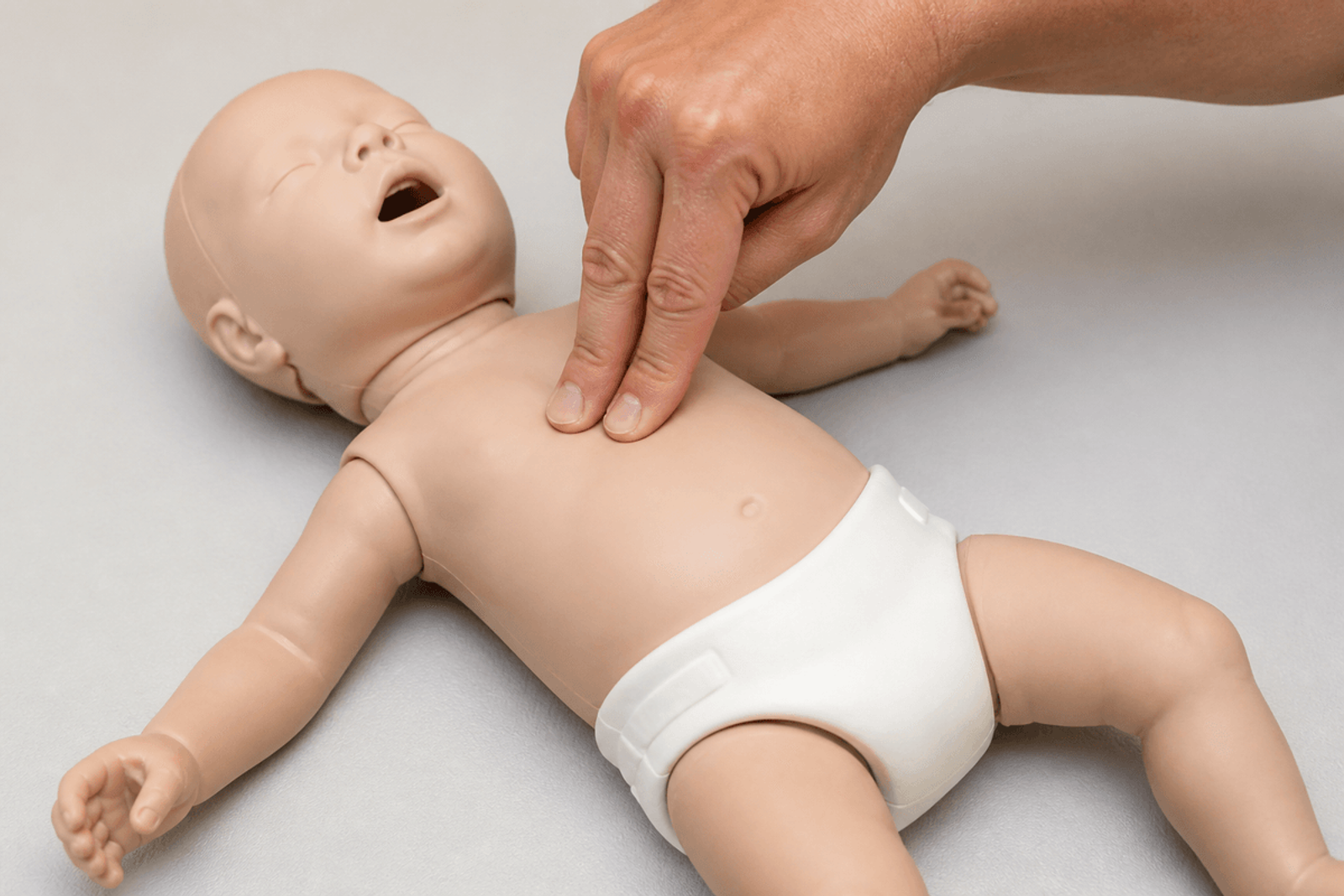 Two fingers compressing the lower sternum of an infant CPR mannequin on a firm surface.
