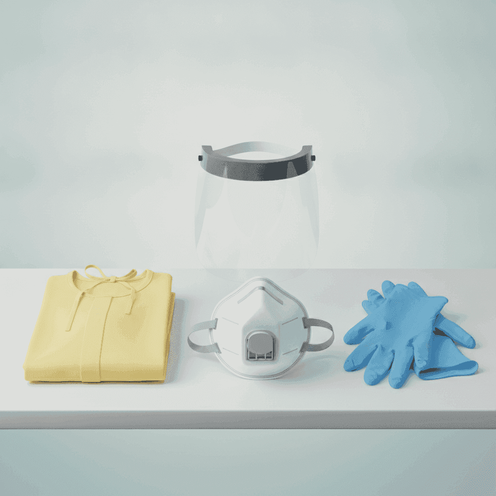 N95 respirator, face shield, isolation gown, and gloves laid flat on a clean table.
