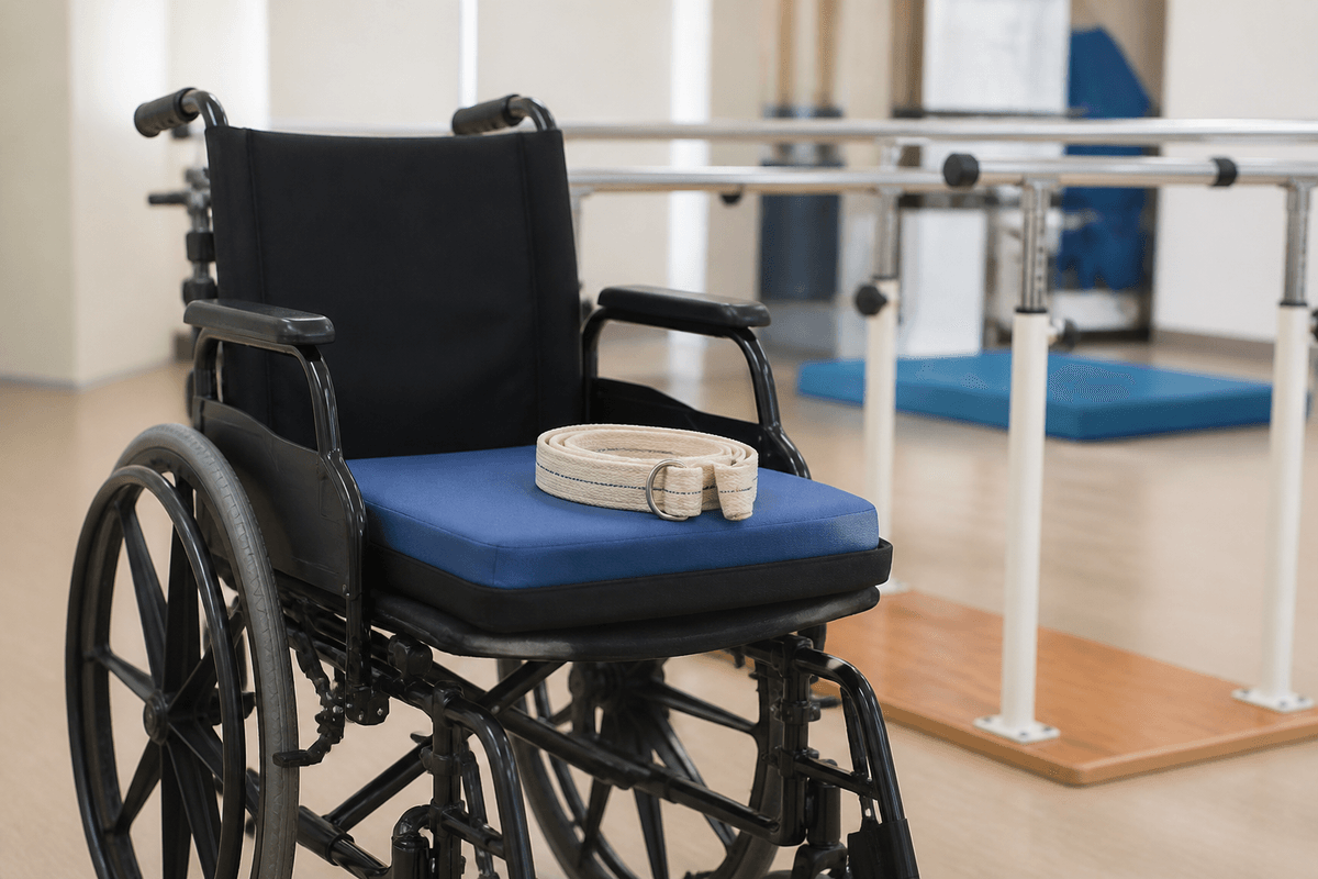Wheelchair with cushion and a folded gait belt in a bright therapy space.