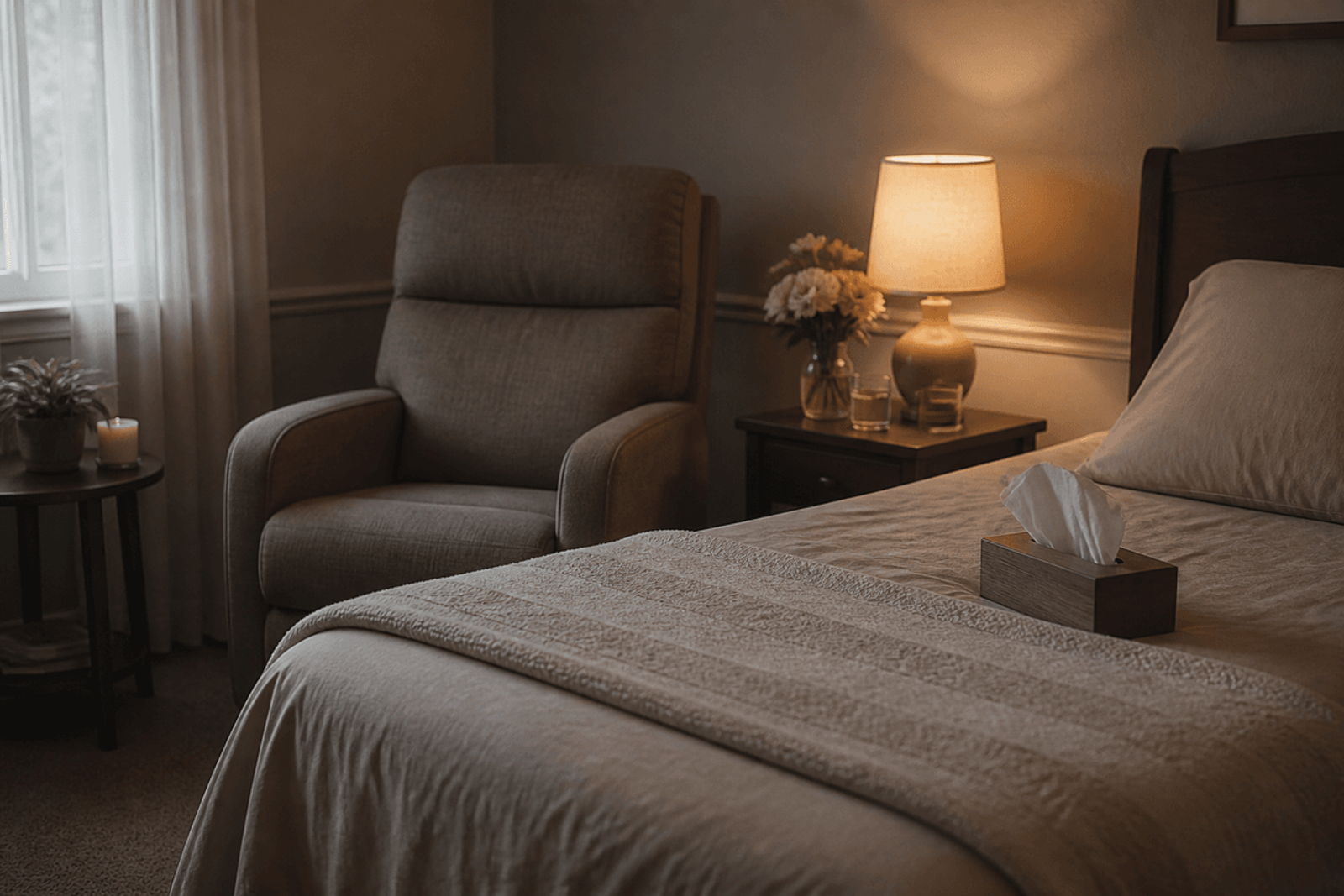 Dim lamp, soft blanket, empty recliner, and tissues beside a neatly made bed.