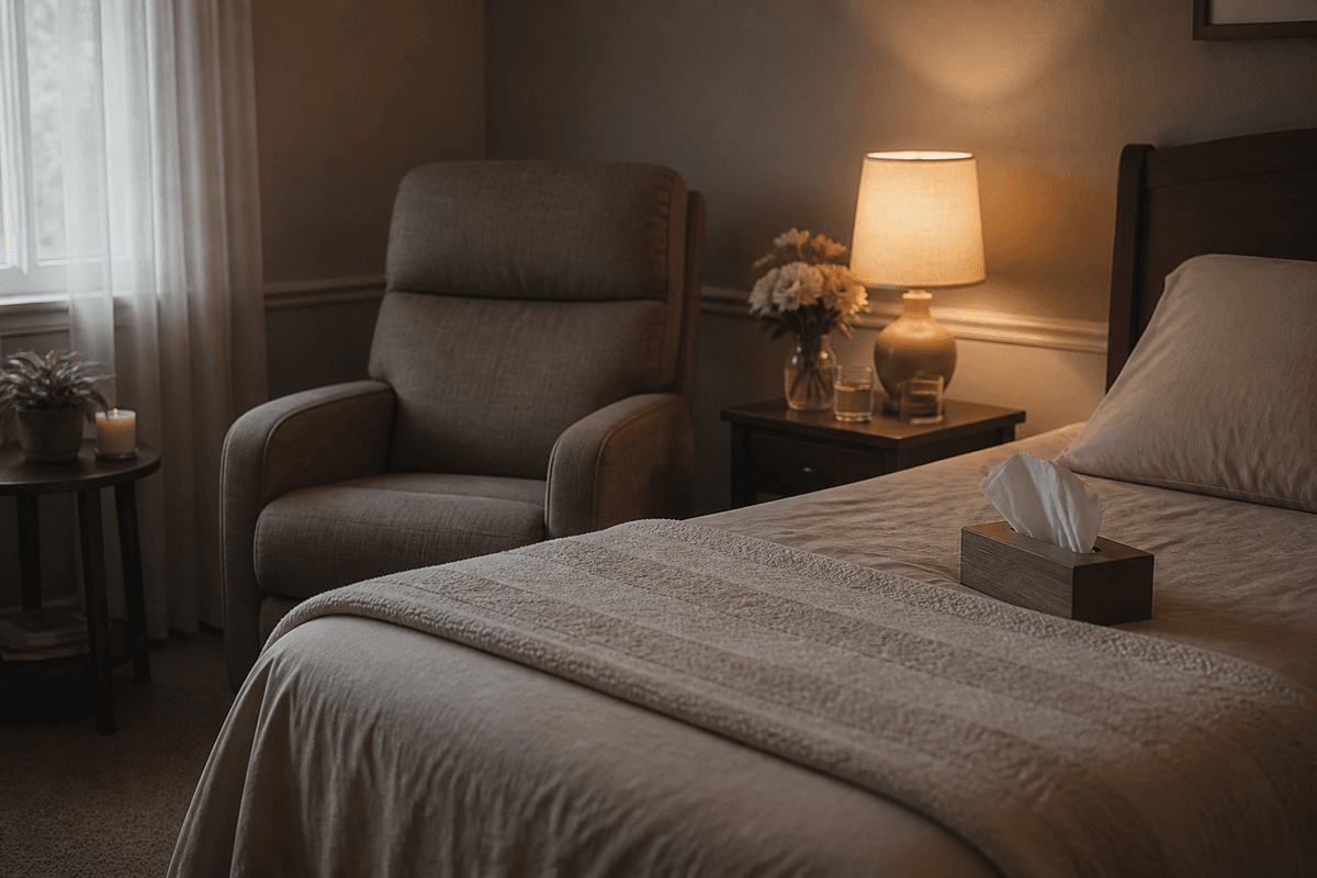 Dim lamp, soft blanket, empty recliner, and tissues beside a neatly made bed.