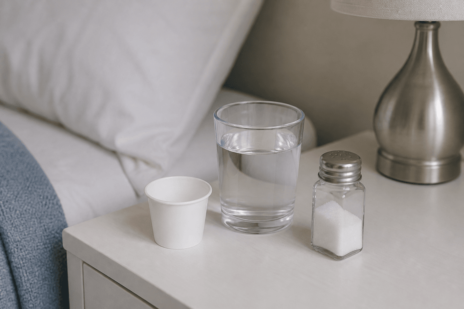 White medication cup, glass of water, and salt shaker on a bedside table.