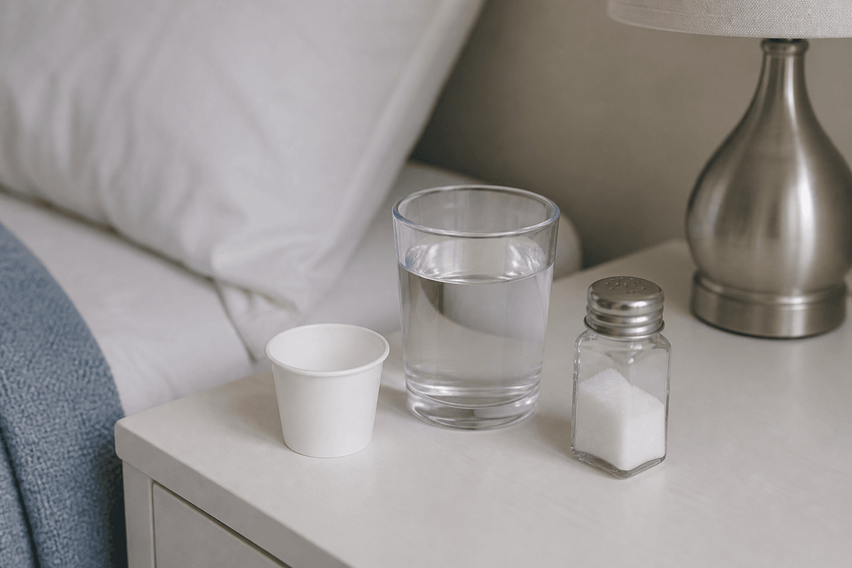 White medication cup, glass of water, and salt shaker on a bedside table.