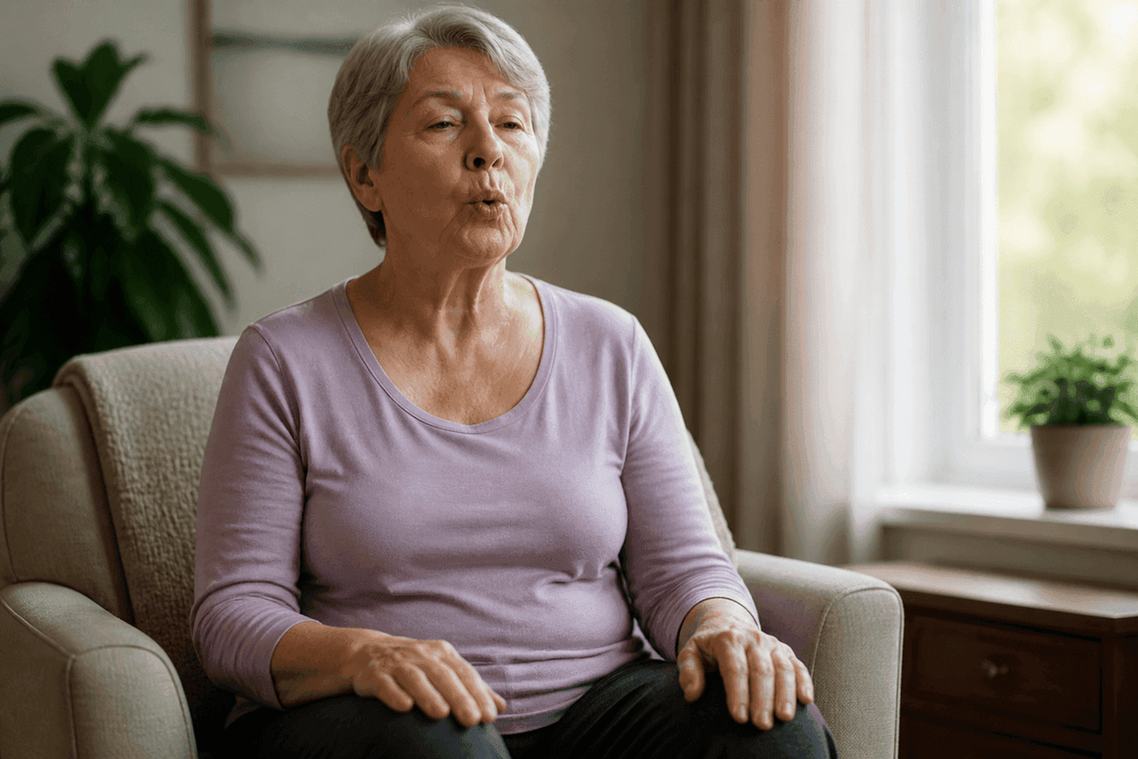 Person sitting upright practicing pursed-lip breathing with hands on knees.