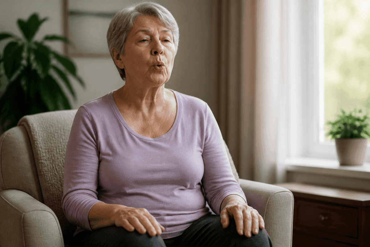 Person sitting upright practicing pursed-lip breathing with hands on knees.
