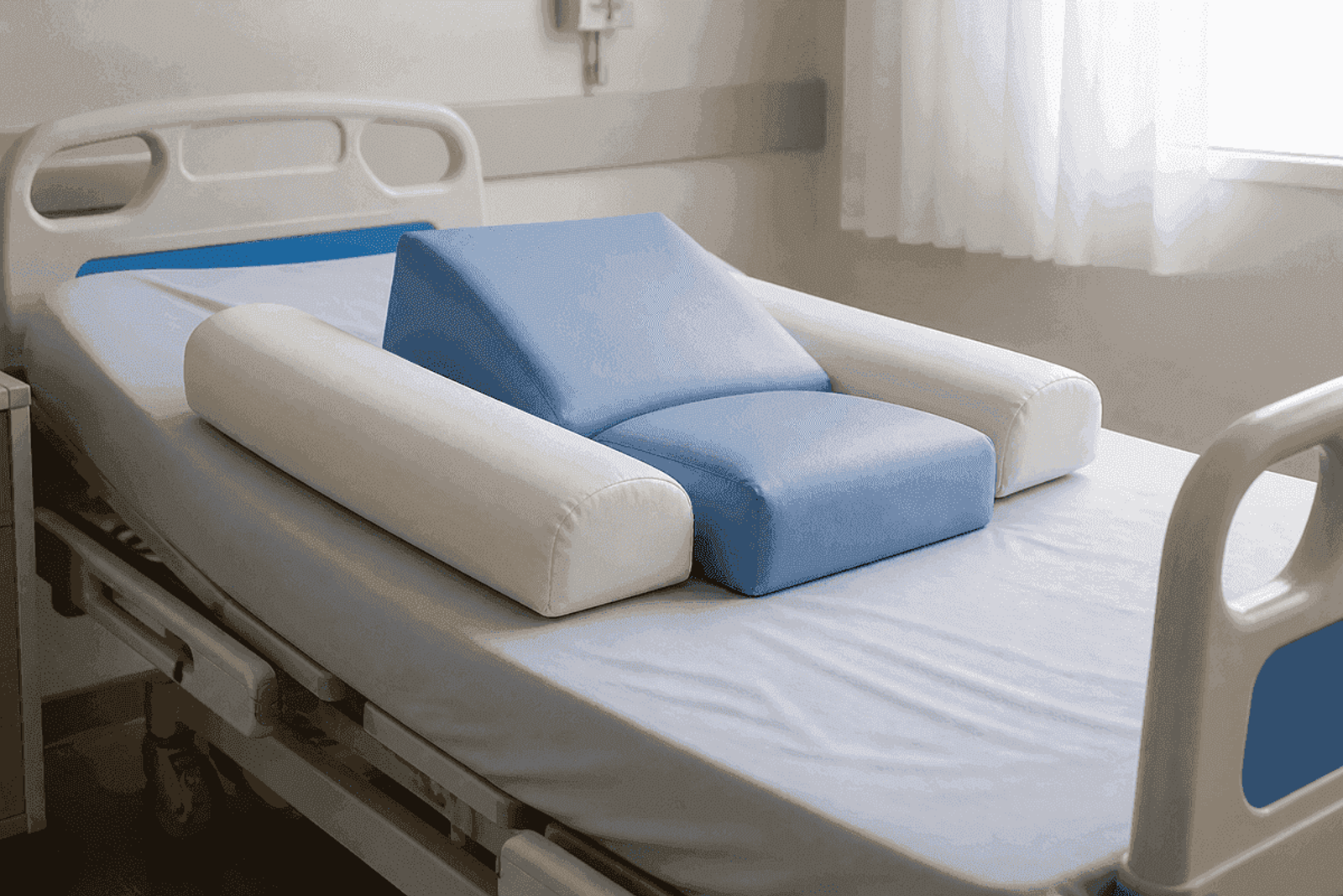 Hospital bed arranged with bolster pillows to offload the sacral area.