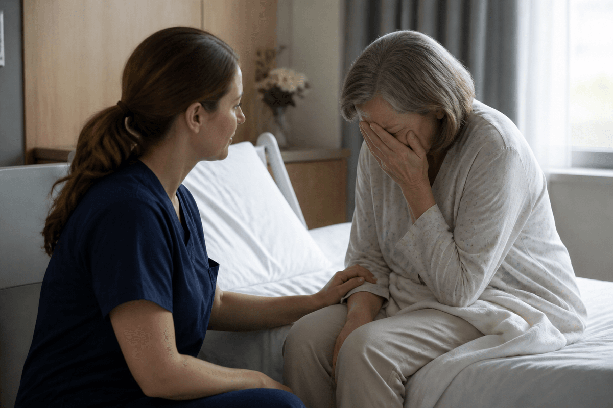 Nurse sitting quietly beside a tearful older adult in soft window light.