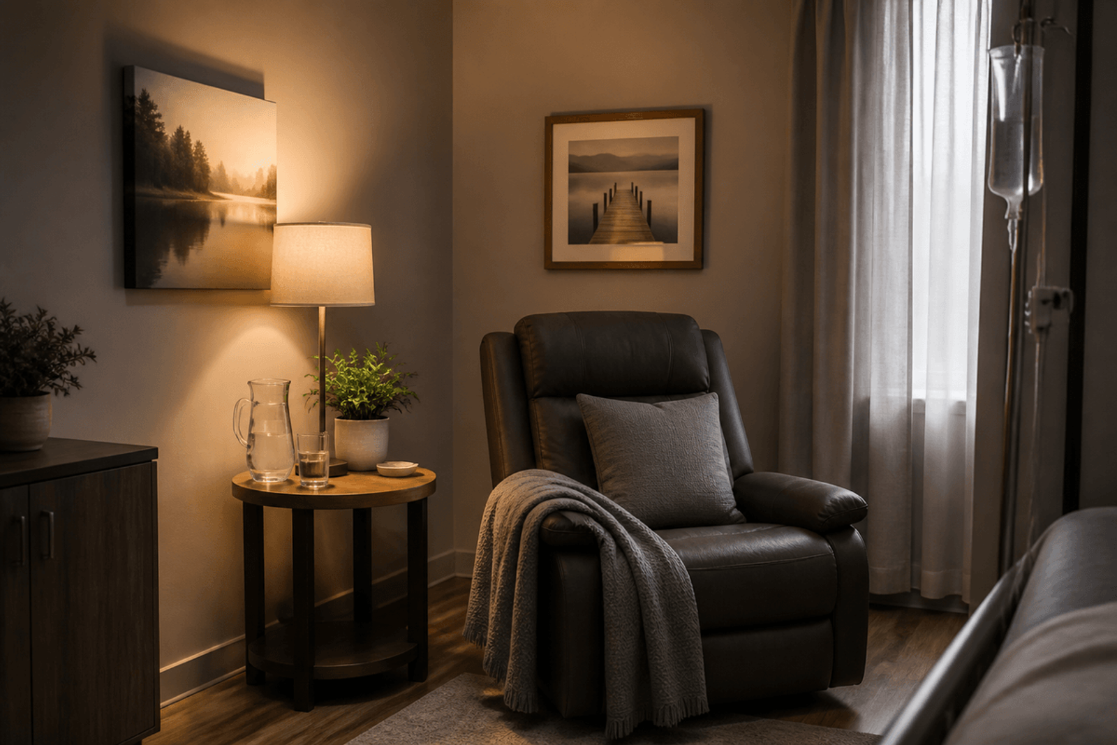 Calm detox room with recliner, water pitcher, lamp, and soft blanket.