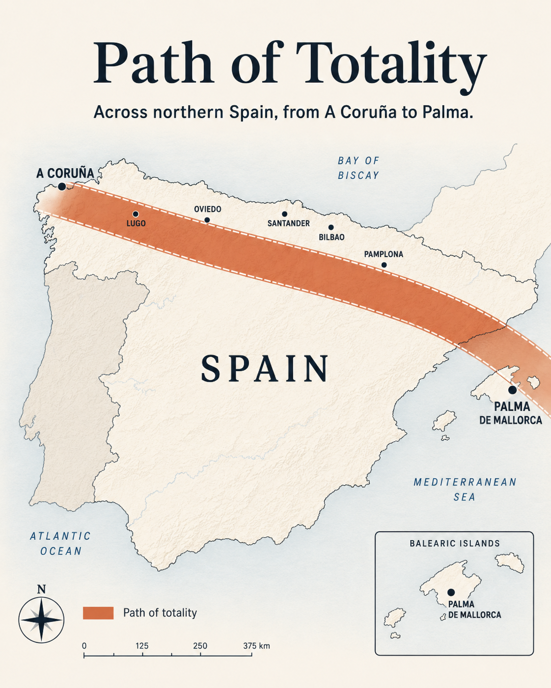 "The band of totality of the 12 August 2026 total solar eclipse crossing northern Spain from A Coruña to Palma de Mallorca." (map)