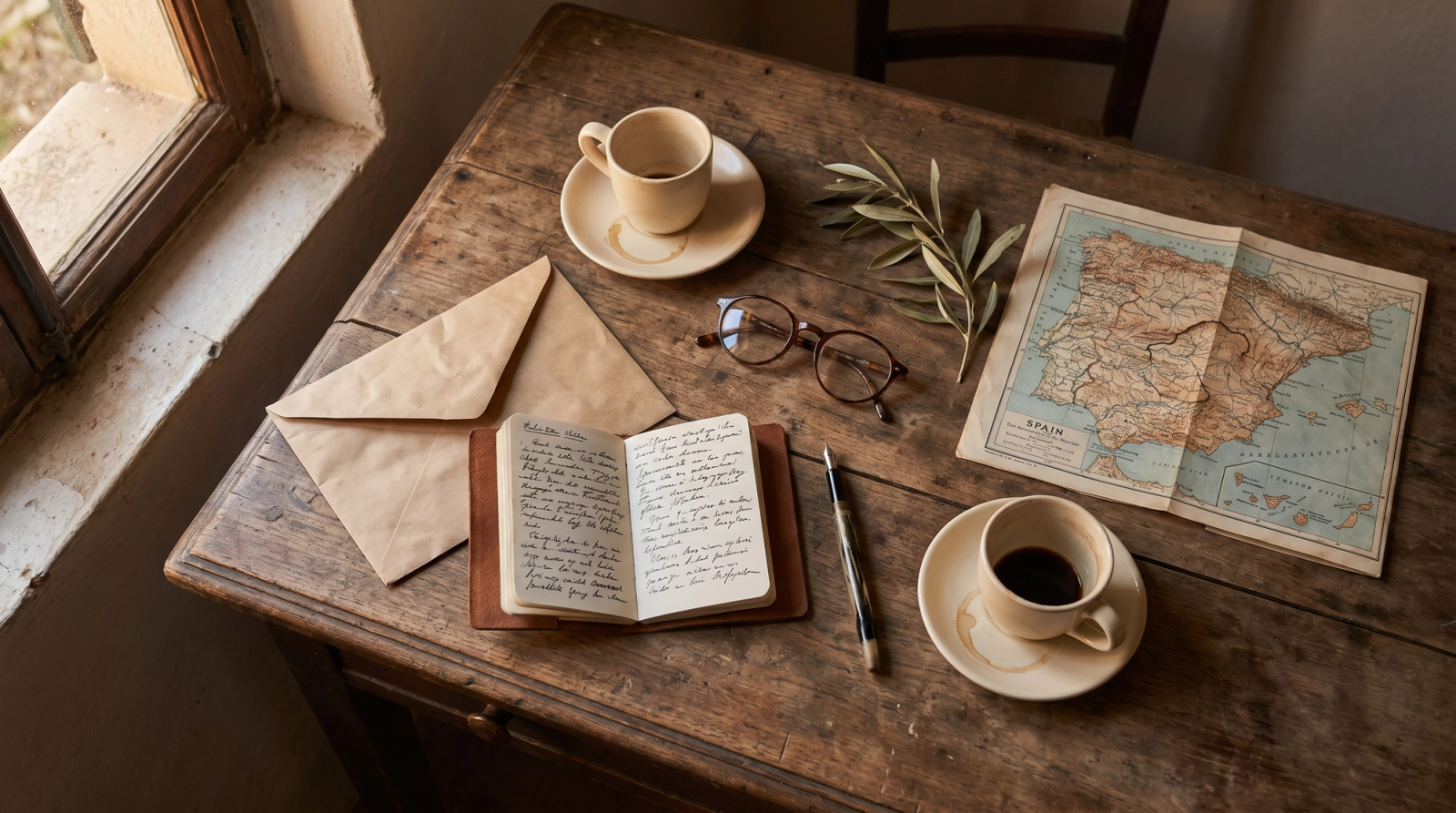 A picture of notebook with spain maps and coffee