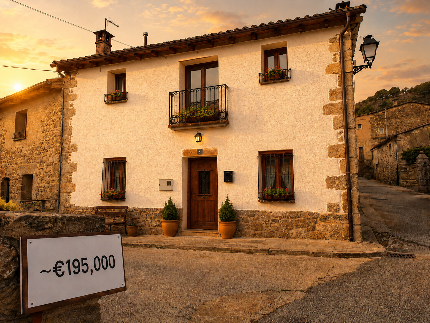 A restored village house for sale in rural Extremadura photographed from the street, with its ~€195,000 asking price annotated on the frame.