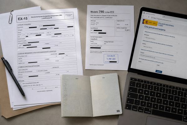 A Spanish NIE application laid out on a desk — the EX-15 form, a stamped Modelo 790-012 fee receipt, a passport, and the extranjería appointment portal open on a laptop.