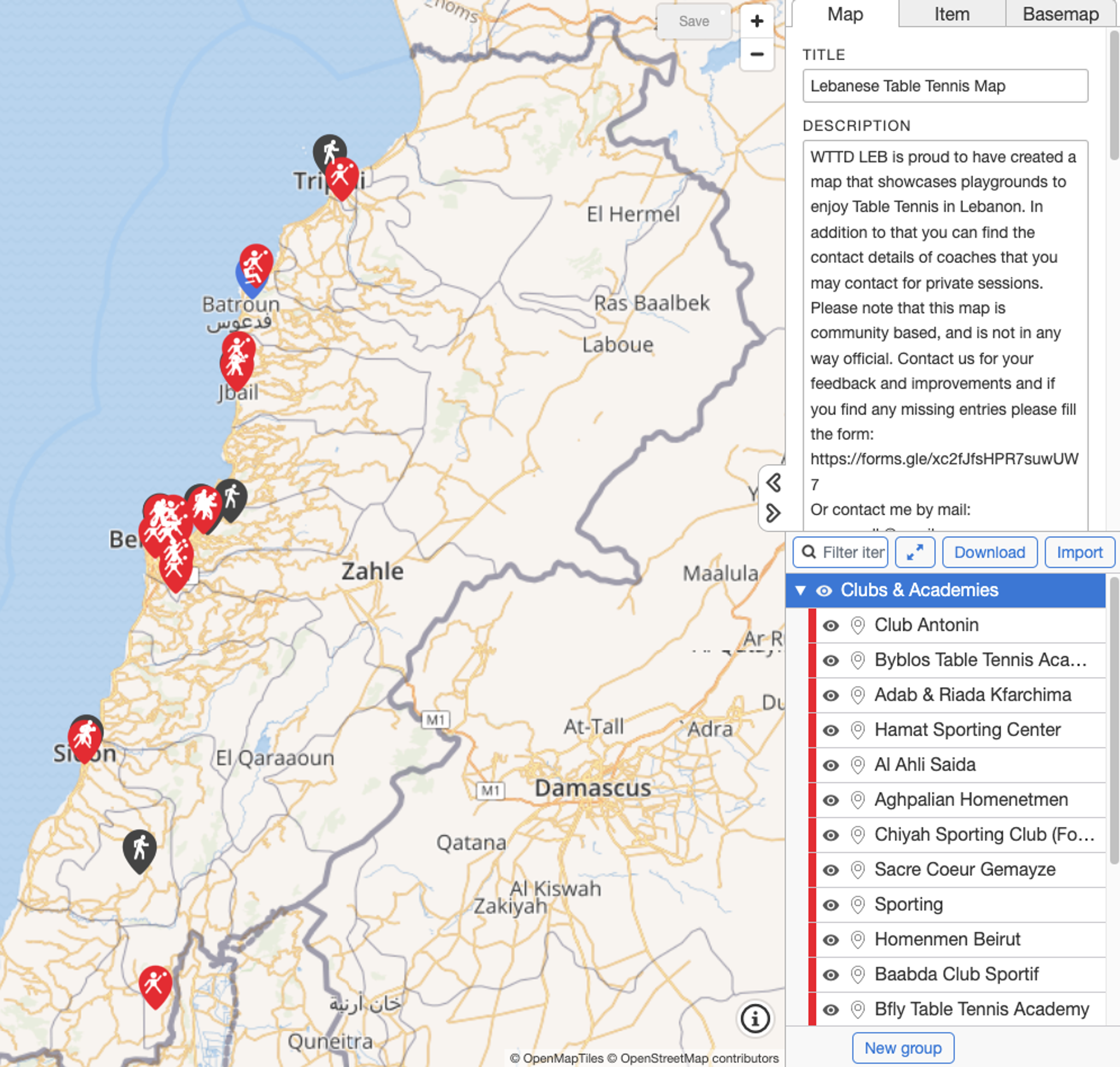 Lebanese Table Tennis Map