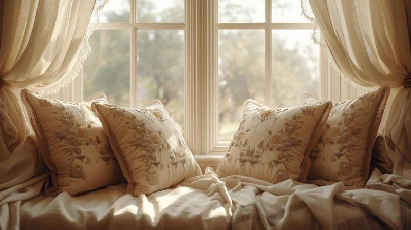 A photorealistic living room window seat with embroidered pillows and scarf valances, afternoon sun, intimate perspective, palette of soft florals and ivories, dreamy and comfortable mood, high-resolution 4K, 16:9 aspect ratio, embroidery stitches and drape folds.