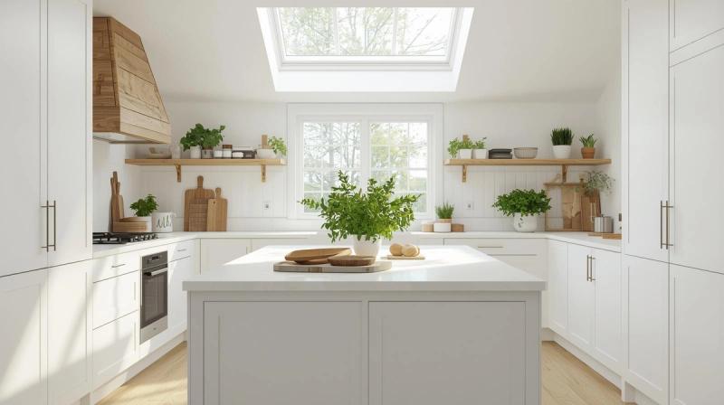 A photorealistic Scandinavian kitchen with white cabinets, wooden cutting boards, and fresh herbs, natural light from skylight, eye-level view centered on island, palette of whites, greens, and woods, fresh and homely mood, high-resolution 4K, 16:9 aspect ratio, detailed herb leaves and wood textures. Avoid industrial elements, dark colors, or mess.