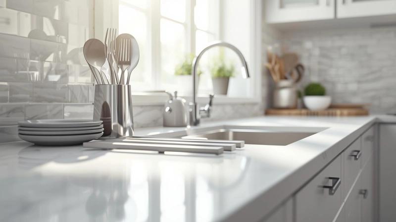 A clean white kitchen counter with neatly arranged minimal utensils, bathed in morning sunlight from a window, featuring a crisp white and stainless steel color scheme, captured in a close-up centered shot with a fresh and organized atmosphere.