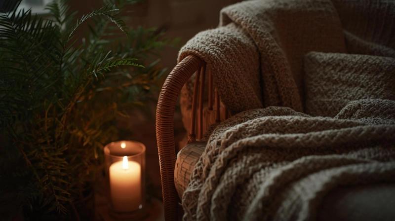 A photorealistic living room corner with a rattan chair, woven blanket, and potted fern, evening candlelight, close-up serene shot, palette of earthy greens and browns, inviting and natural mood, high-resolution 4K, 16:9 aspect ratio, textured rattan and leaf details.