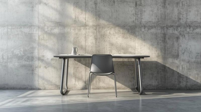 A photorealistic minimalist workspace with a metal chair, simple desk, and concrete wall, soft natural light, eye-level focused shot, palette of grays and whites, serene and efficient mood, high-resolution 4K, 16:9 aspect ratio, smooth metal and concrete textures.