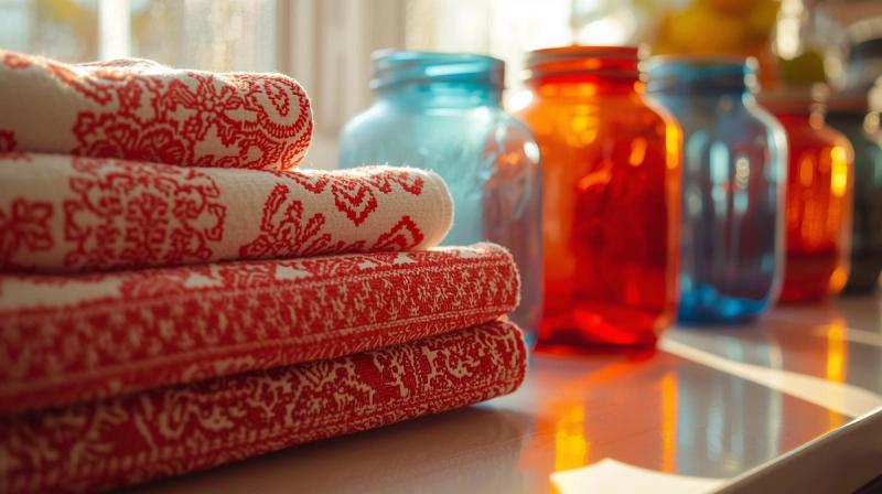 A photorealistic kitchen counter with patterned dish towels and colorful jars, morning sunlight, close-up vibrant shot, palette of reds, blues, and whites, lively and organized mood, high-resolution 4K, 16:9 aspect ratio, detailed fabric weaves and glass reflections.