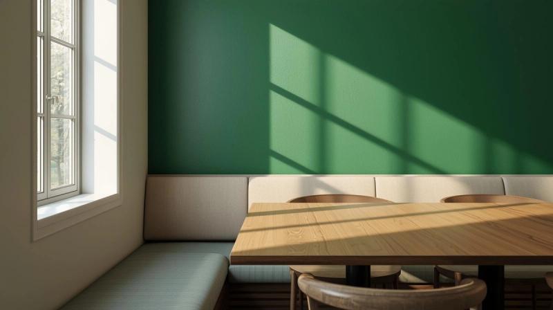 A photorealistic dining nook with a green accent wall and wooden table, daylight filtering through, relaxed perspective, lush green and neutral palette, rejuvenating mood, high-resolution 4K, 16:9 aspect ratio, detailed wood and paint textures.