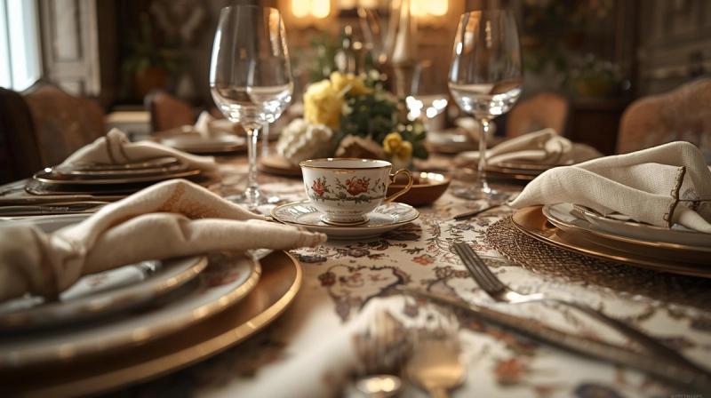 A photorealistic dining table with vintage china and modern linen napkins, soft overhead lighting, eye-level intimate shot, palette of muted creams and woods, warm and inviting mood, high-resolution 4K, 16:9 aspect ratio, detailed china patterns and fabric weaves.